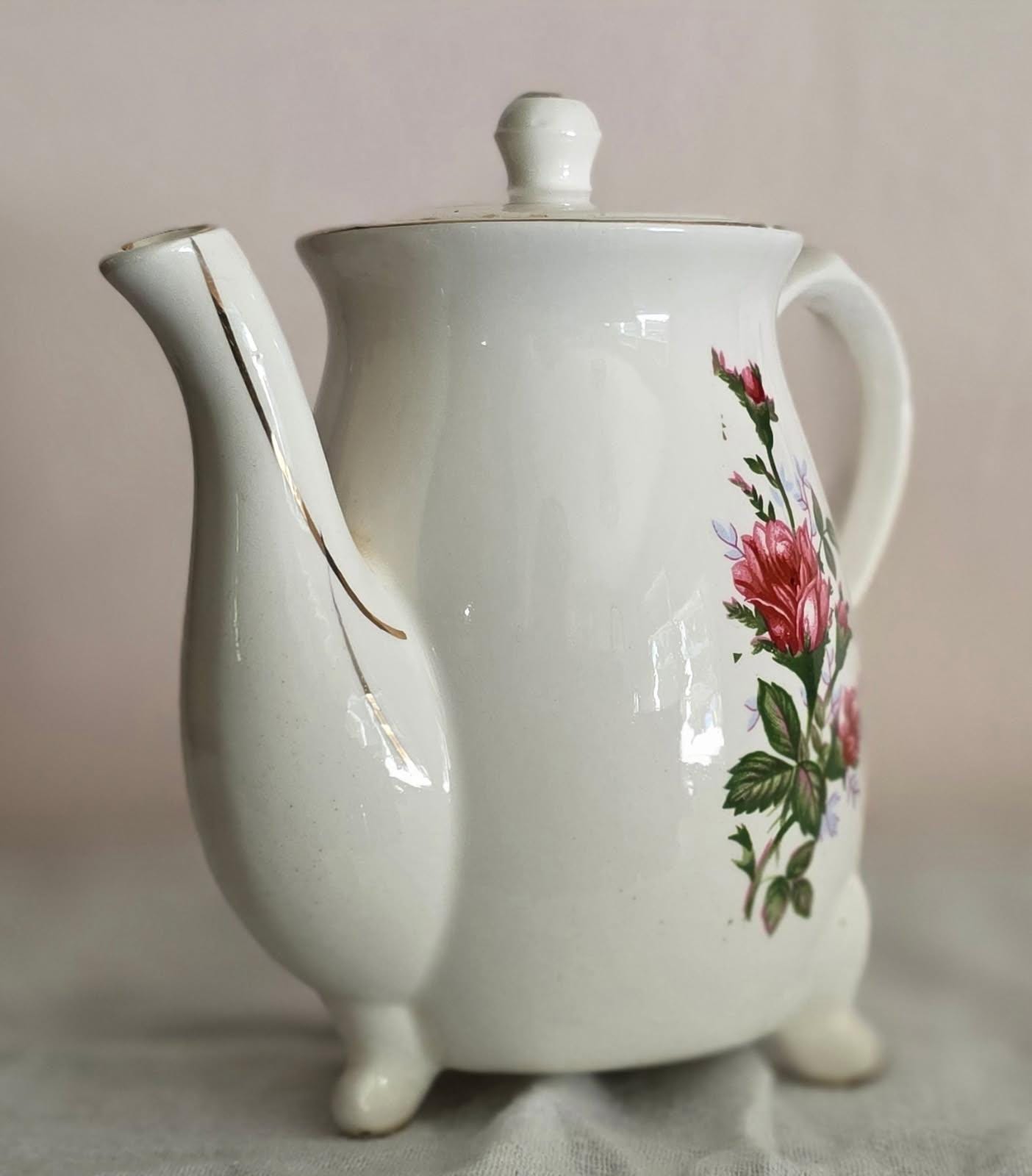 Vintage Moss Rose Electric Teapot: Mid-Century Japan Display Kettle