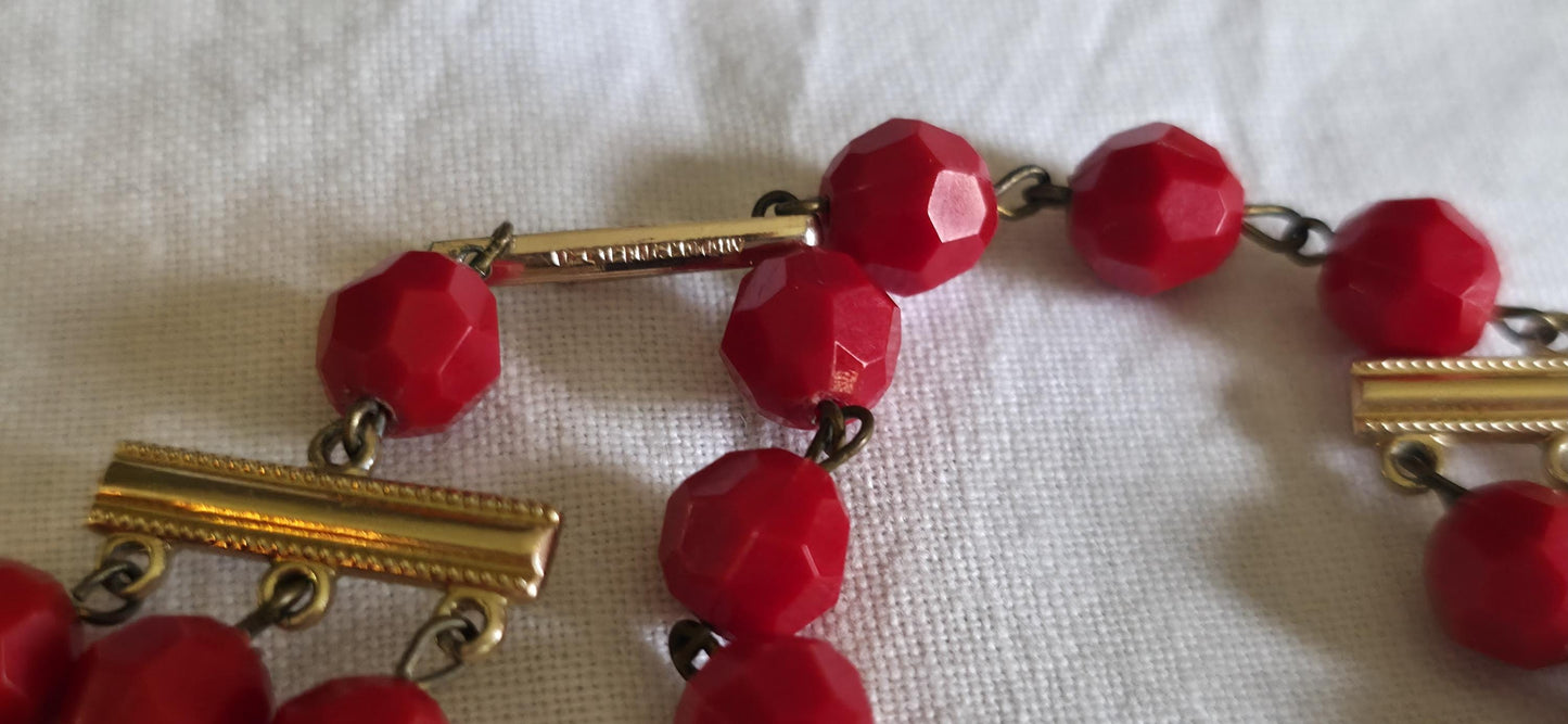 1950s W. Germany Red Aurora Borealis Glass Bead Necklace – Double Strand Faceted & Molded Beads, Vintage Mid-Century Jewelry