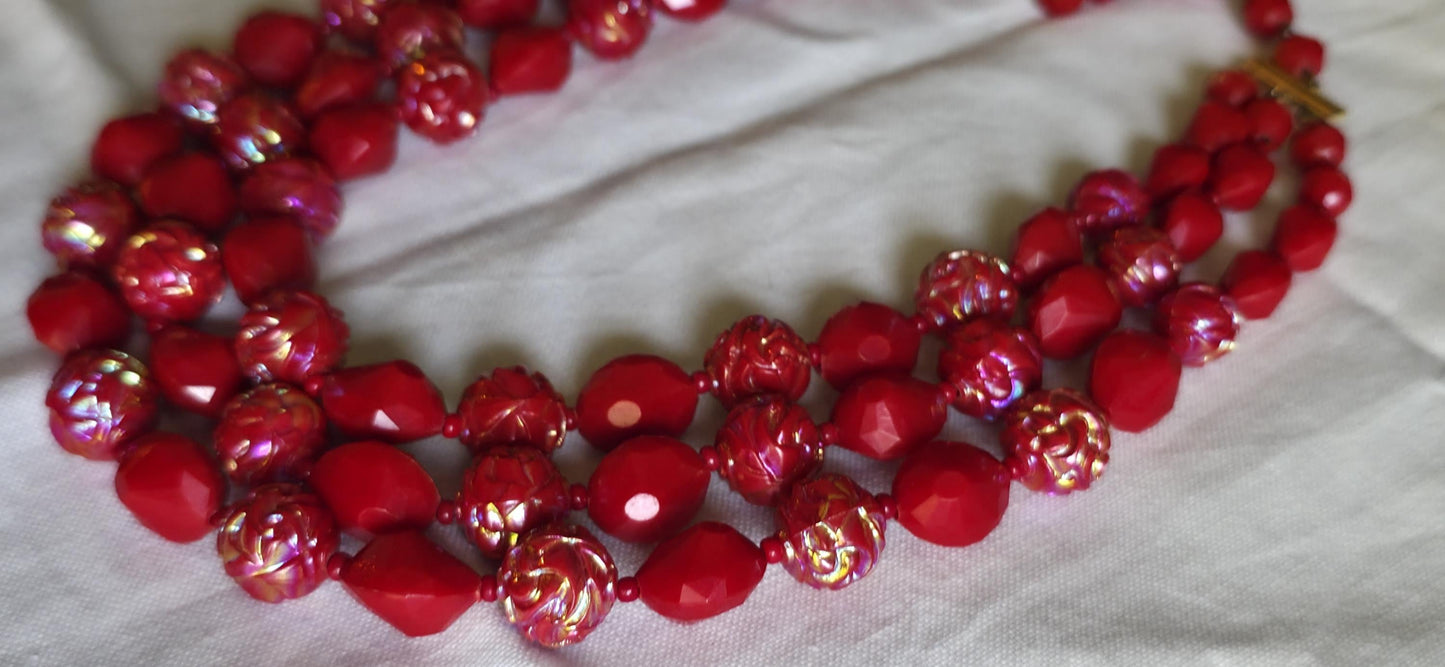 1950s W. Germany Red Aurora Borealis Glass Bead Necklace – Double Strand Faceted & Molded Beads, Vintage Mid-Century Jewelry