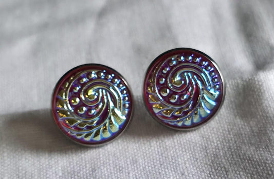 Vintage 1950s Czech Iridescent Glass Earrings – Red Carnival Glass Swirl Studs, Mid Century Bohemian Jewelry, Retro Statement Posts