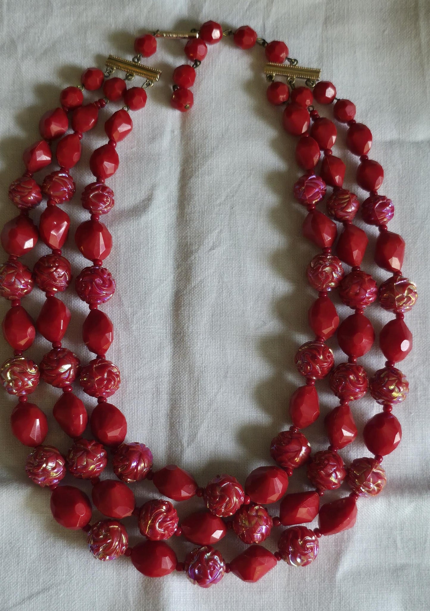 1950s W. Germany Red Aurora Borealis Glass Bead Necklace – Double Strand Faceted & Molded Beads, Vintage Mid-Century Jewelry