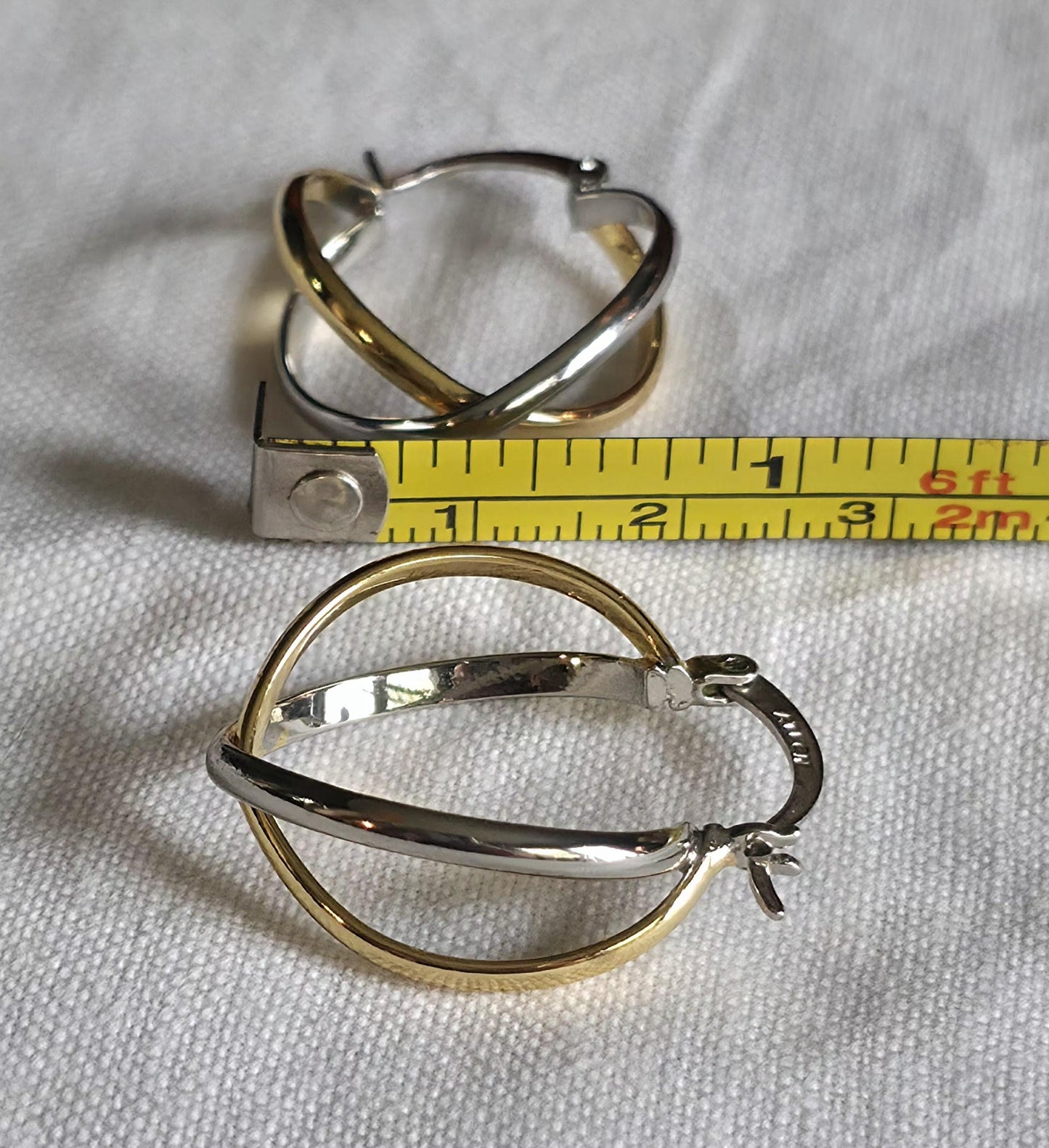 Vintage 1980s Two-Tone Crossover Hoop Earrings – Silver and 14K Vermeil, Elegant Retro Minimalist Style