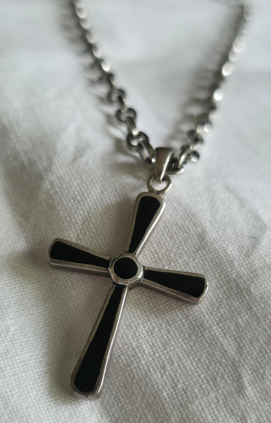 Sterling Silver cross necklace With Black Onyx Inlay- Unisex 16" chain