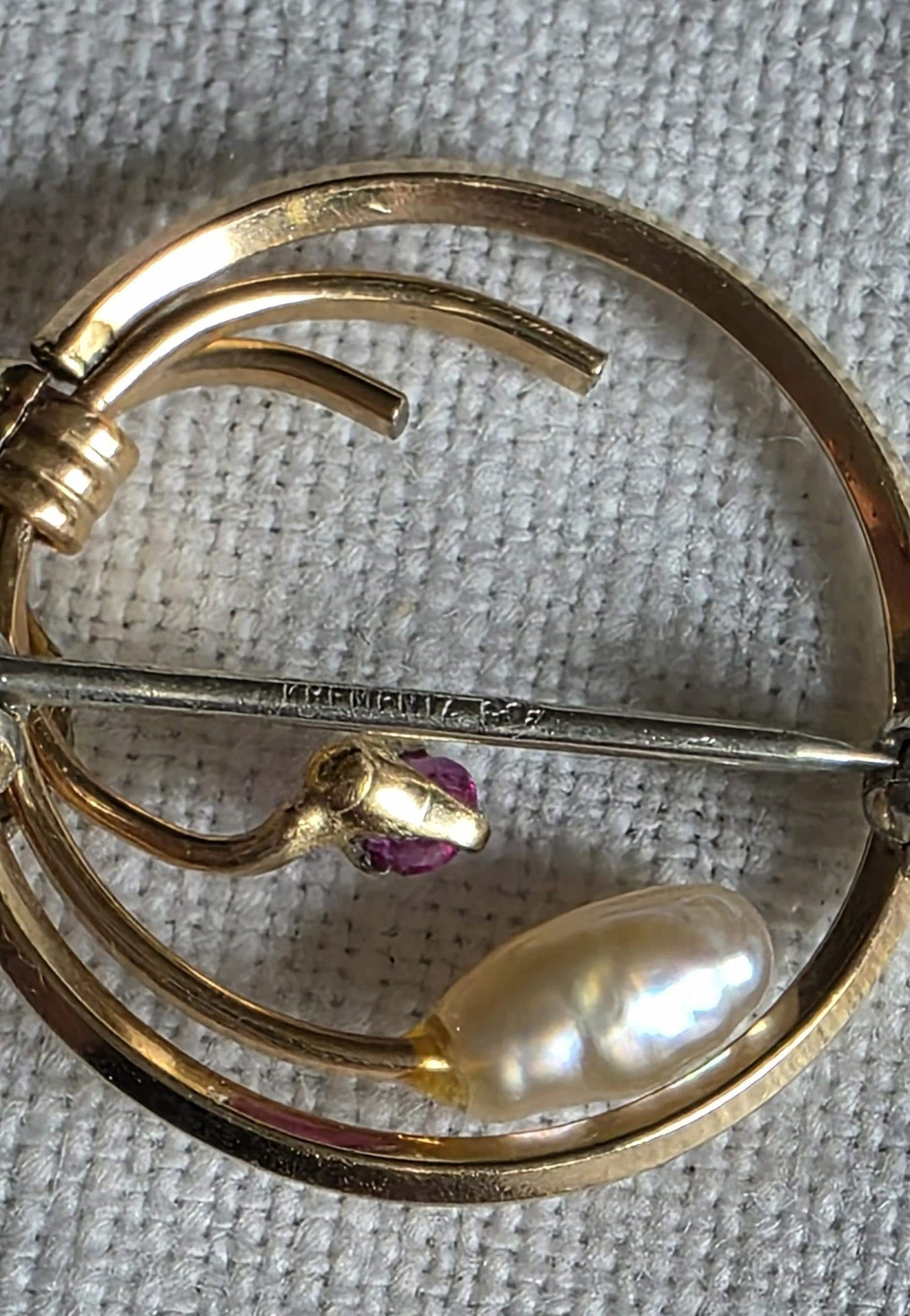 Krementz 14K RGP Baroque Pearl and Ruby Stone Lapel/ Collar Pin/ Brooch