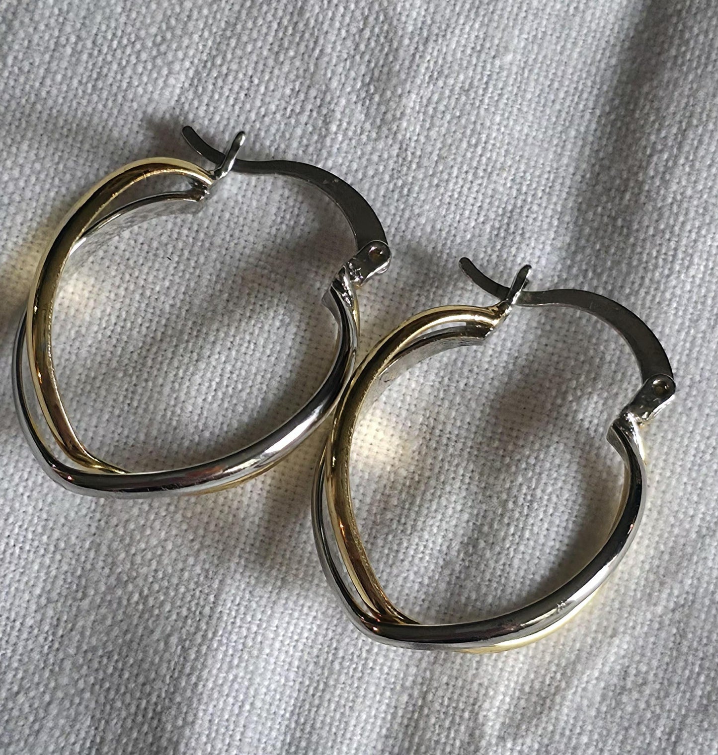 Vintage 1980s Two-Tone Crossover Hoop Earrings – Silver and 14K Vermeil, Elegant Retro Minimalist Style