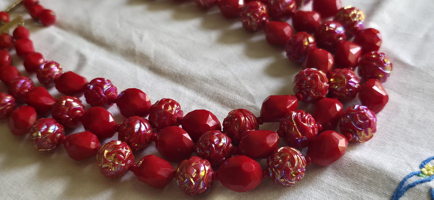 1950s W. Germany Red Aurora Borealis Glass Bead Necklace – Double Strand Faceted & Molded Beads, Vintage Mid-Century Jewelry