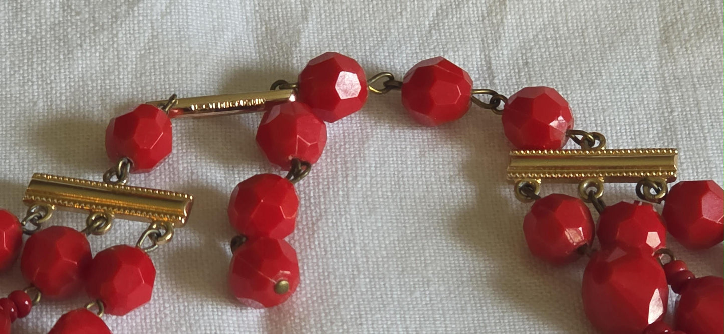 1950s W. Germany Red Aurora Borealis Glass Bead Necklace – Double Strand Faceted & Molded Beads, Vintage Mid-Century Jewelry