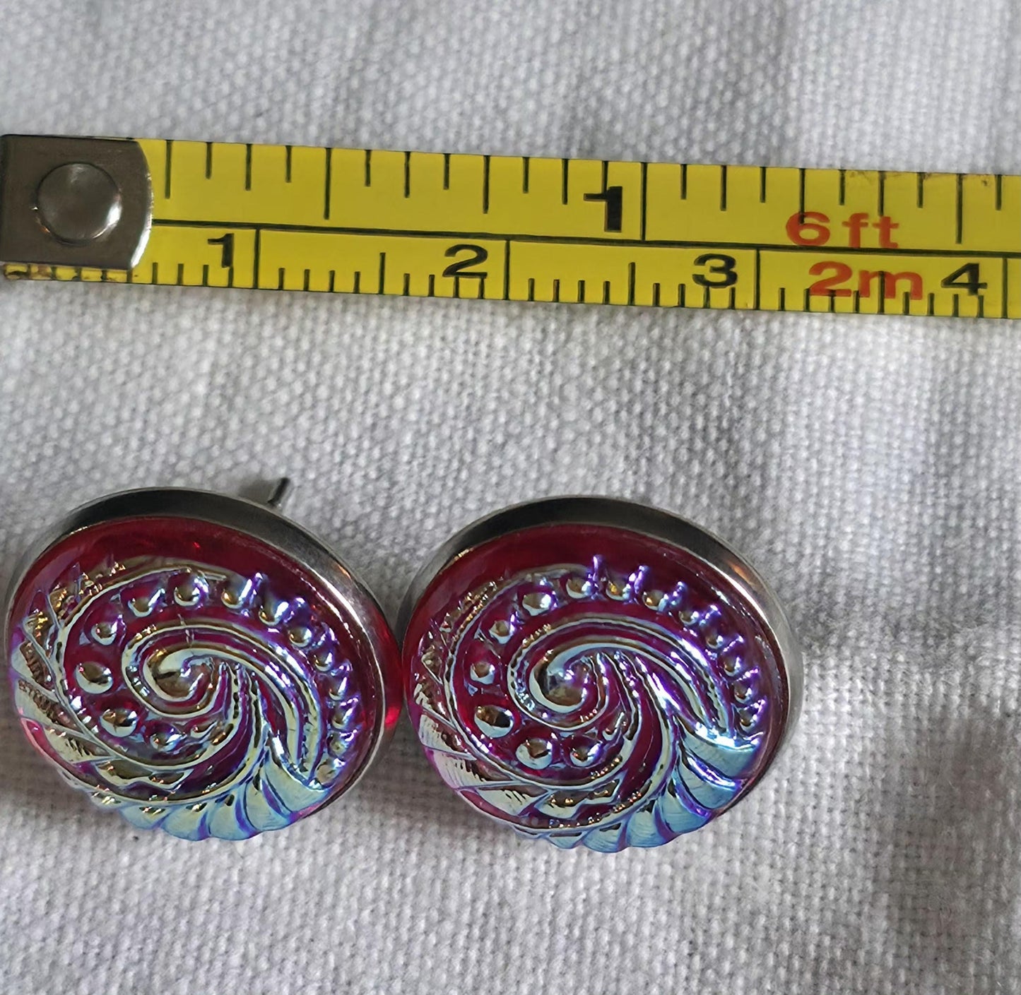 Vintage 1950s Czech Iridescent Glass Earrings – Red Carnival Glass Swirl Studs, Mid Century Bohemian Jewelry, Retro Statement Posts