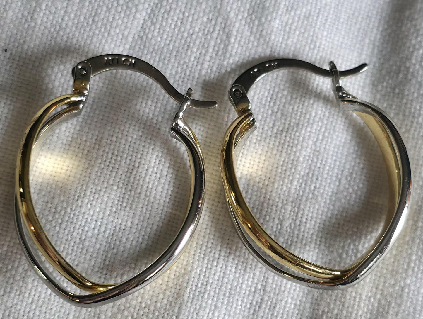 Vintage 1980s Two-Tone Crossover Hoop Earrings – Silver and 14K Vermeil, Elegant Retro Minimalist Style