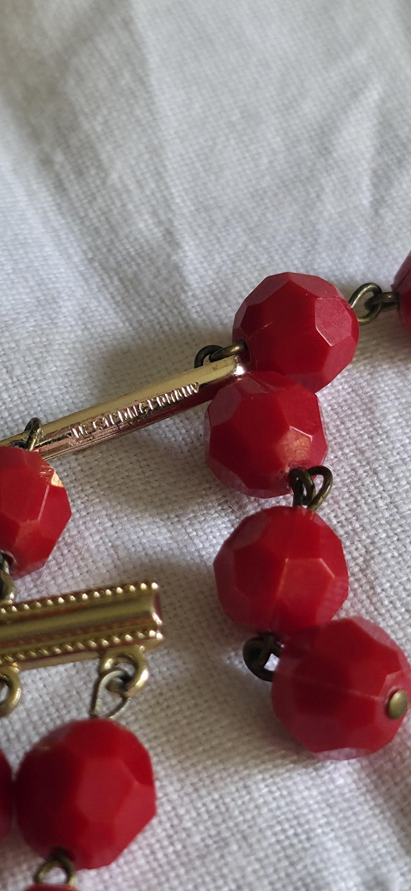 1950s W. Germany Red Aurora Borealis Glass Bead Necklace – Double Strand Faceted & Molded Beads, Vintage Mid-Century Jewelry