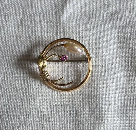 Krementz 14K RGP Baroque Pearl and Ruby Stone Lapel/ Collar Pin/ Brooch