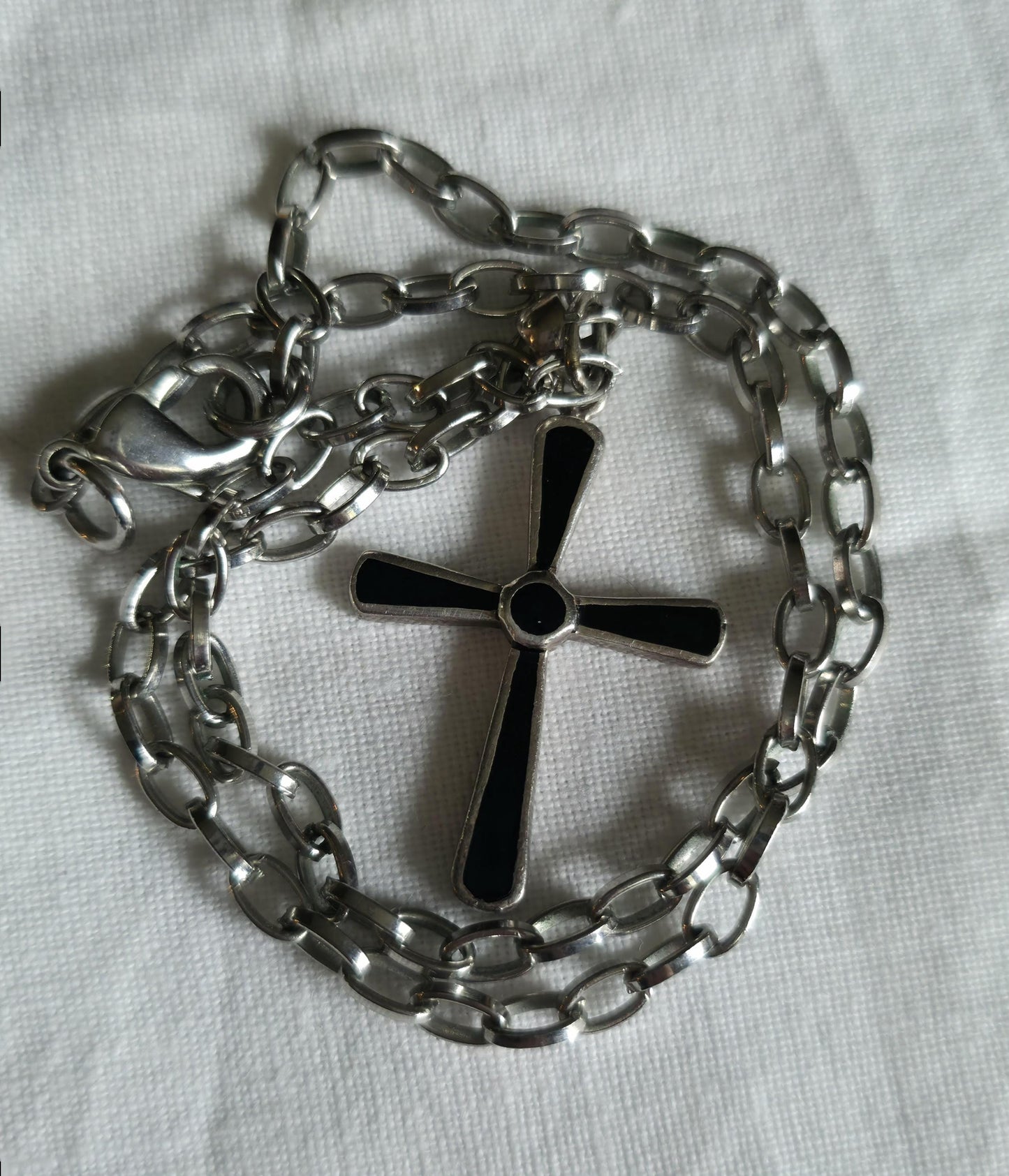 Sterling Silver cross necklace With Black Onyx Inlay- Unisex 16" chain